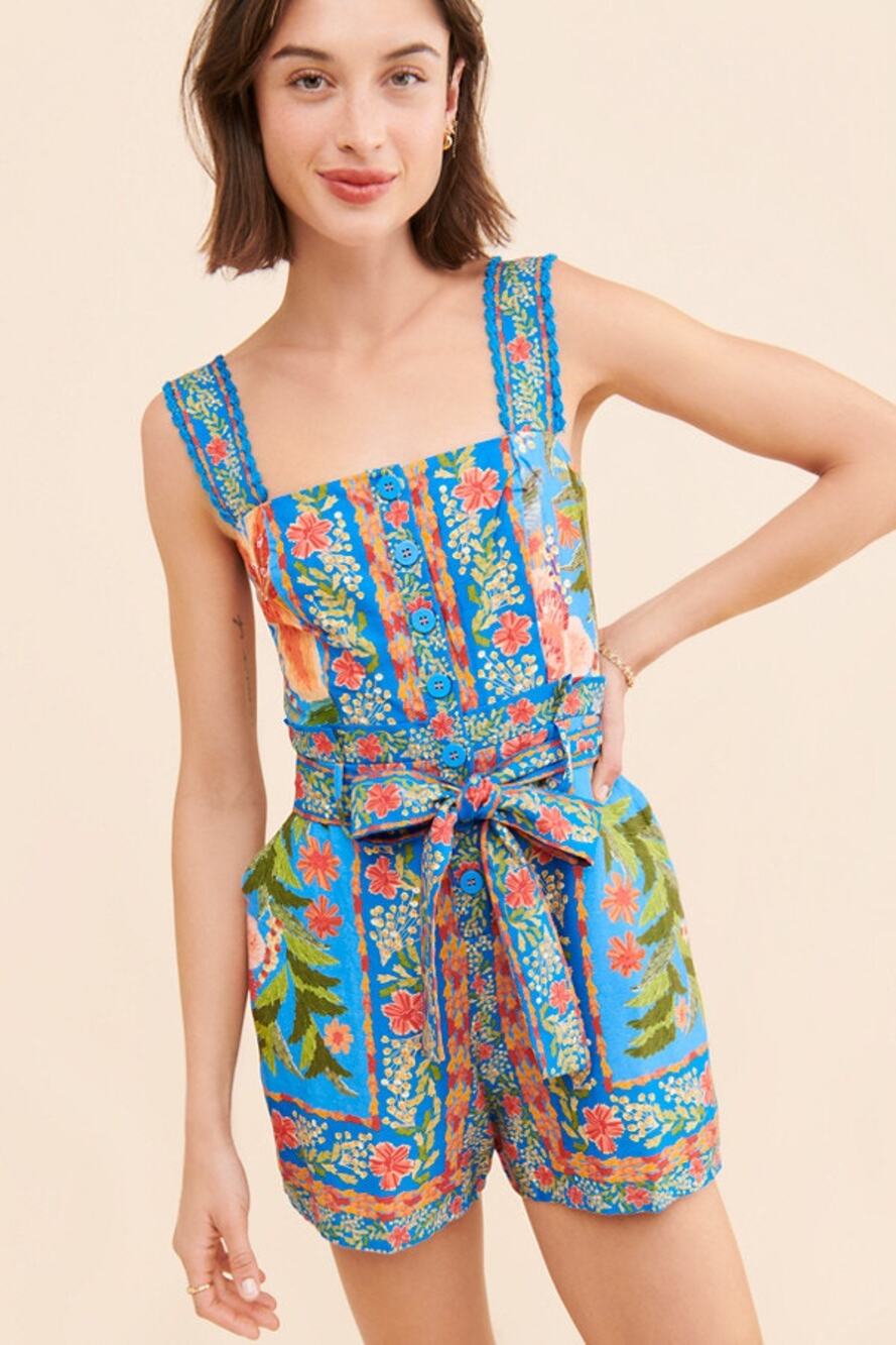 Farm Rio Stitched Garden Blue Romper size S